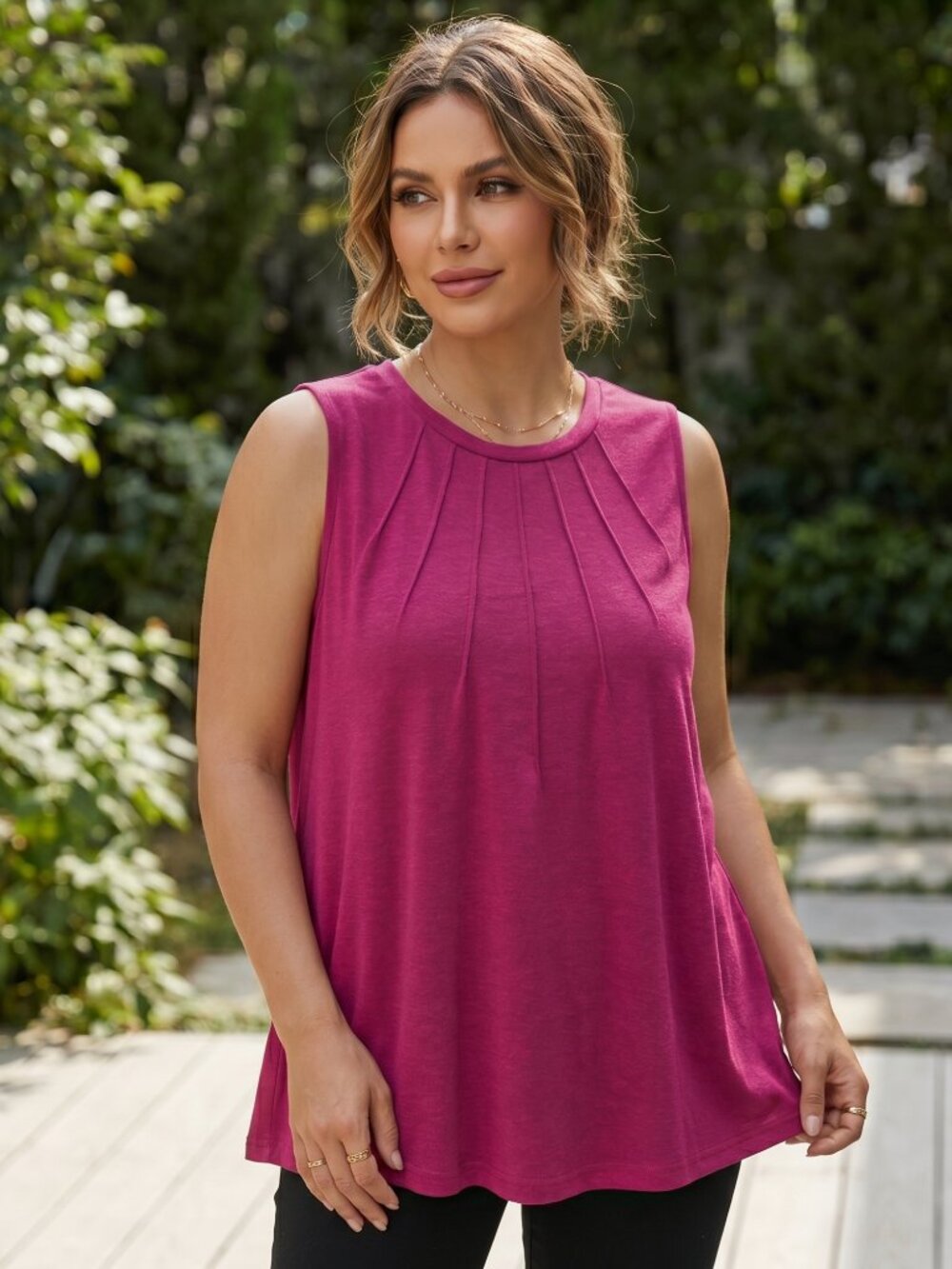 NWT | RIROW Magenta Pink Pleated Sunburst Tank Top | Sleeveless | 1XL